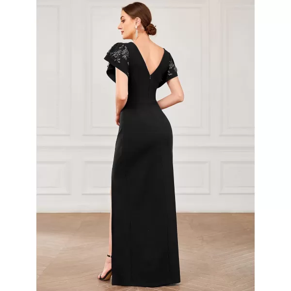 EverPretty Womens Double VNeck Ruffle Sleeves Pleated Bodycon Side Slit Maxi Formal Dresses 0207ABlack