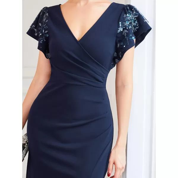 EverPretty Womens Double VNeck Ruffle Sleeves Pleated Bodycon Side Slit Maxi Formal Dresses 0207ANavy Blue