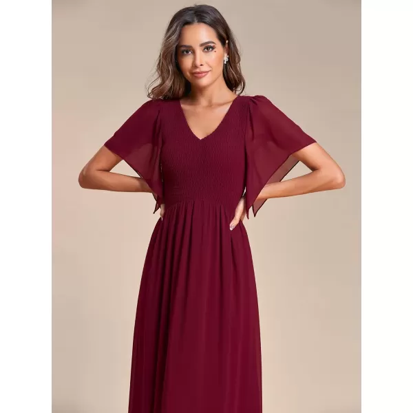 EverPretty Womens Double VNeck Ruffles Sleeves Pleated Chiffon Maxi Formal Dresses 01413Burgundy