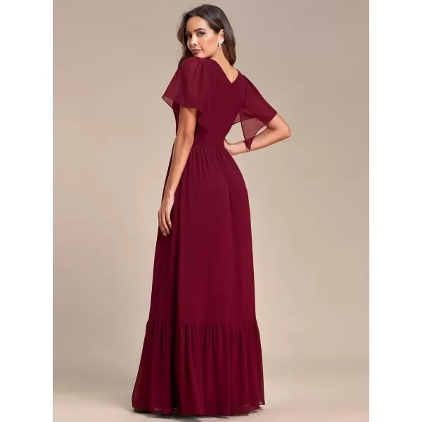 EverPretty Womens Double VNeck Ruffles Sleeves Pleated Chiffon Maxi Formal Dresses 01413Burgundy