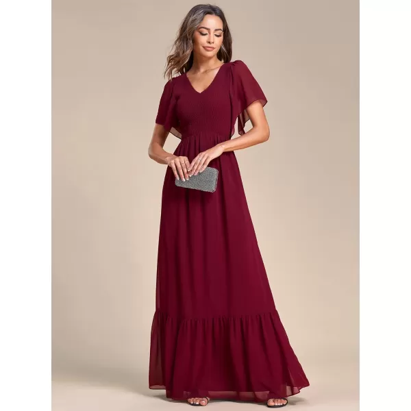 EverPretty Womens Double VNeck Ruffles Sleeves Pleated Chiffon Maxi Formal Dresses 01413Burgundy