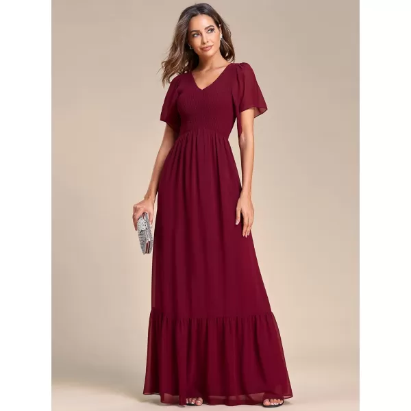 EverPretty Womens Double VNeck Ruffles Sleeves Pleated Chiffon Maxi Formal Dresses 01413Burgundy