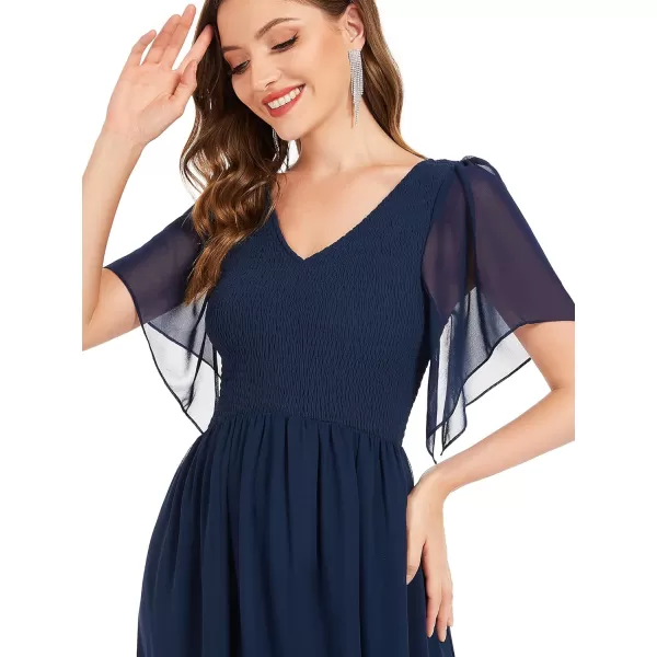 EverPretty Womens Double VNeck Ruffles Sleeves Pleated Chiffon Maxi Formal Dresses 01413Navy Blue