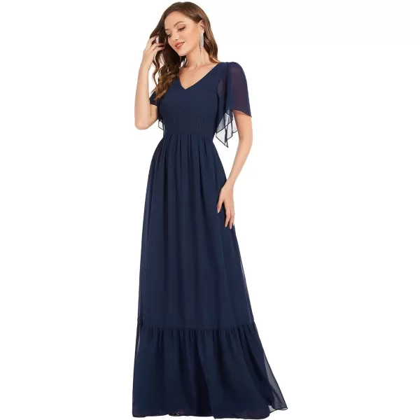 EverPretty Womens Double VNeck Ruffles Sleeves Pleated Chiffon Maxi Formal Dresses 01413Navy Blue