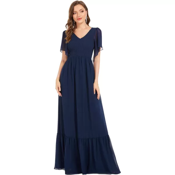 EverPretty Womens Double VNeck Ruffles Sleeves Pleated Chiffon Maxi Formal Dresses 01413Navy Blue