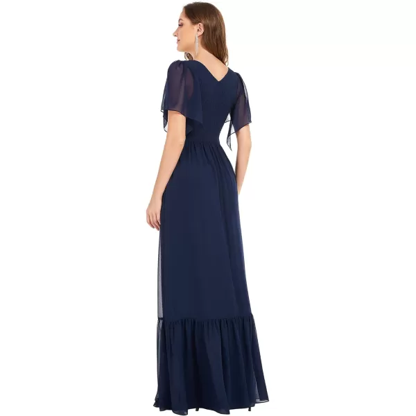 EverPretty Womens Double VNeck Ruffles Sleeves Pleated Chiffon Maxi Formal Dresses 01413Navy Blue