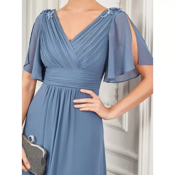 EverPretty Womens Double VNeck Ruffles Sleeves Pleated Waist Appliques Maxi Chiffon Evening Dresses 01427Dusty Navy
