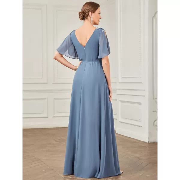 EverPretty Womens Double VNeck Ruffles Sleeves Pleated Waist Appliques Maxi Chiffon Evening Dresses 01427Dusty Navy