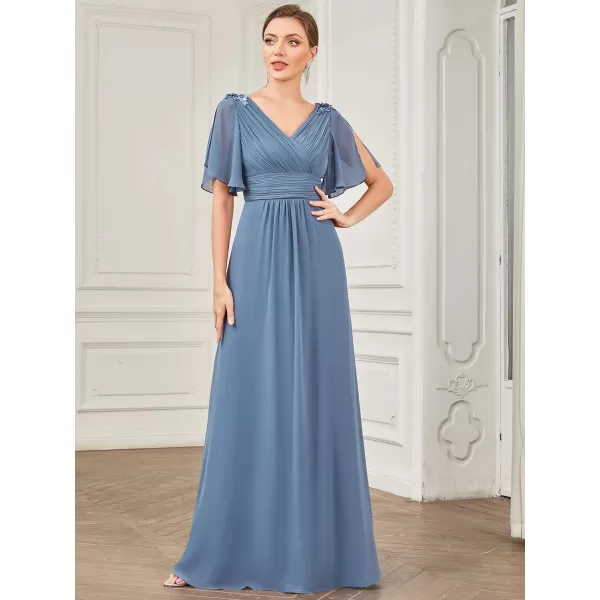 EverPretty Womens Double VNeck Ruffles Sleeves Pleated Waist Appliques Maxi Chiffon Evening Dresses 01427Dusty Navy