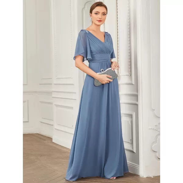 EverPretty Womens Double VNeck Ruffles Sleeves Pleated Waist Appliques Maxi Chiffon Evening Dresses 01427Dusty Navy