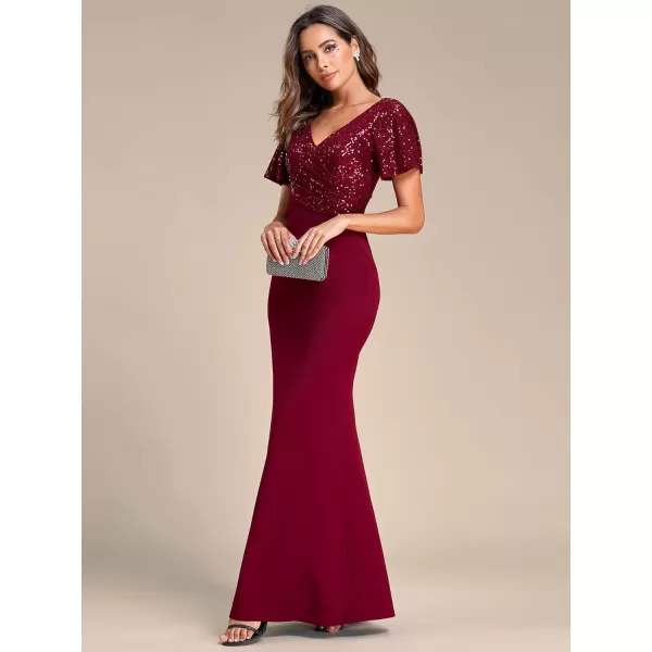 EverPretty Womens Double VNeck Short Sleeves Pleated Sequin Maxi Mermiad Formal Dresses 01524Burgundy