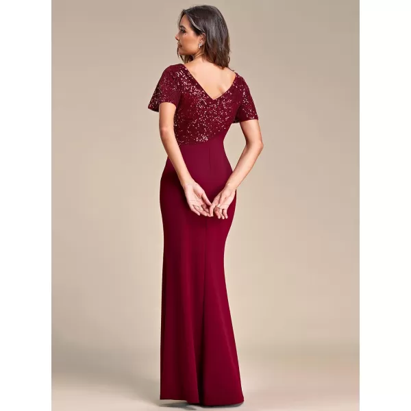 EverPretty Womens Double VNeck Short Sleeves Pleated Sequin Maxi Mermiad Formal Dresses 01524Burgundy