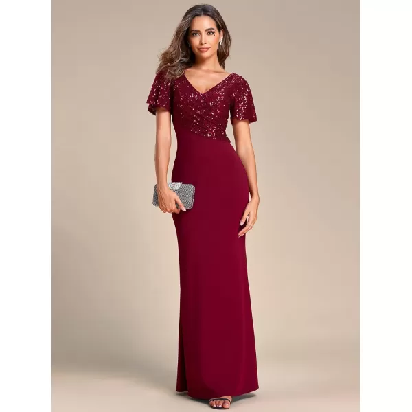 EverPretty Womens Double VNeck Short Sleeves Pleated Sequin Maxi Mermiad Formal Dresses 01524Burgundy