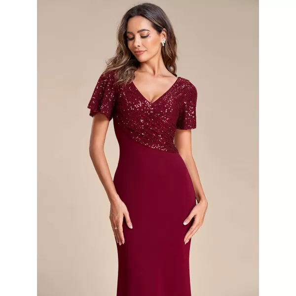 EverPretty Womens Double VNeck Short Sleeves Pleated Sequin Maxi Mermiad Formal Dresses 01524Burgundy