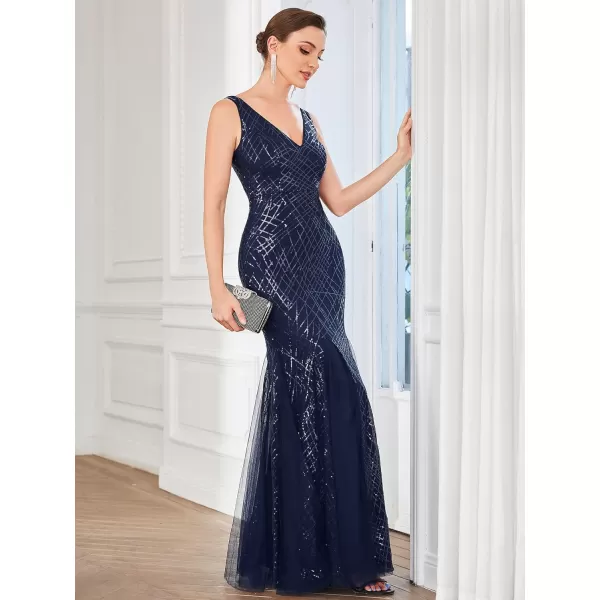 EverPretty Womens Doule VNeck Sleeveless Lace up Sequin Memaid Maxi Formal Gowns and Evening Dresses 01418Navy Blue