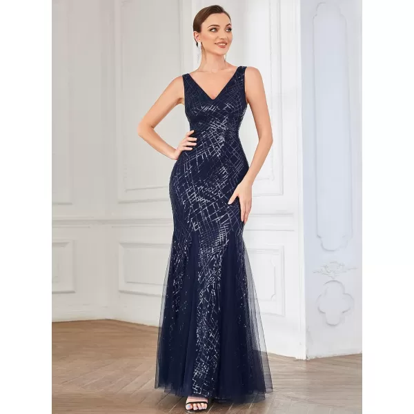 EverPretty Womens Doule VNeck Sleeveless Lace up Sequin Memaid Maxi Formal Gowns and Evening Dresses 01418Navy Blue