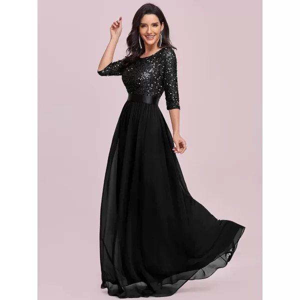 EverPretty Womens Elegant A Line Crew Neck Half Sleeve Sequin Maxi Evening Dress 00683Black