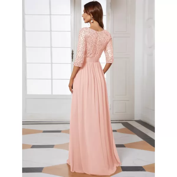 EverPretty Womens Elegant A Line Crew Neck Half Sleeve Sequin Maxi Evening Dress 00683Pink