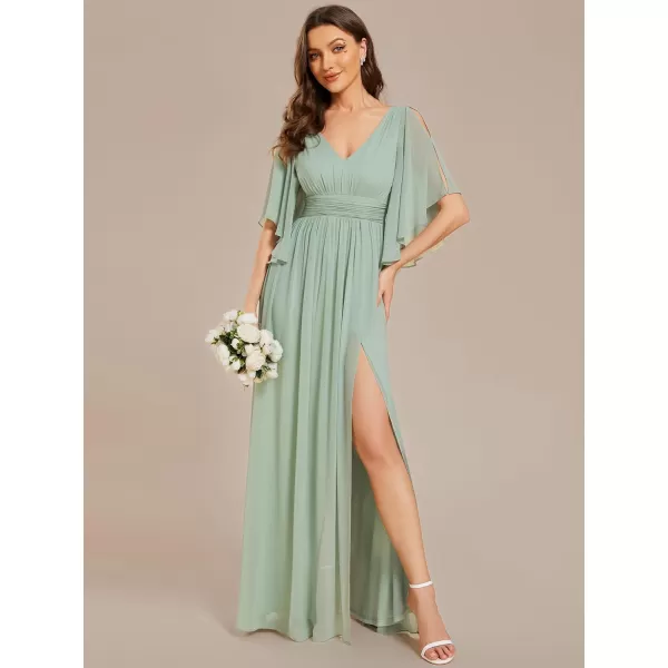 EverPretty Womens Elegant A Line Ruched Split V Neck Half Sleeves Backless Floor Length Bridesmaid Dresses 01886Mint Green