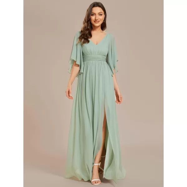 EverPretty Womens Elegant A Line Ruched Split V Neck Half Sleeves Backless Floor Length Bridesmaid Dresses 01886Mint Green