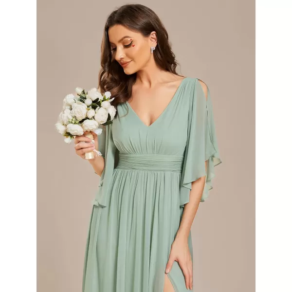 EverPretty Womens Elegant A Line Ruched Split V Neck Half Sleeves Backless Floor Length Bridesmaid Dresses 01886Mint Green