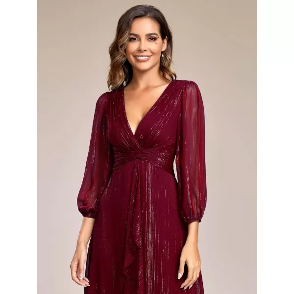 EverPretty Womens Elegant A Line Ruched V Neck Long Sleeves TeaLength Wedding Guest Dresses 01977Burgundy