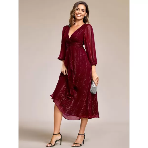 EverPretty Womens Elegant A Line Ruched V Neck Long Sleeves TeaLength Wedding Guest Dresses 01977Burgundy