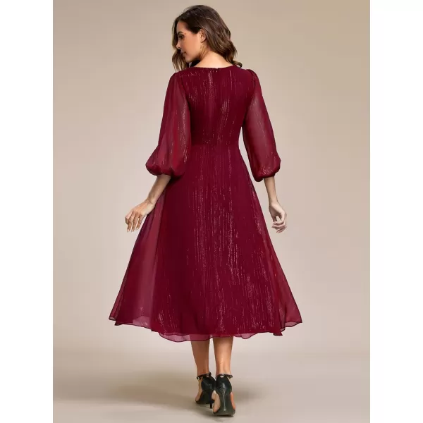 EverPretty Womens Elegant A Line Ruched V Neck Long Sleeves TeaLength Wedding Guest Dresses 01977Burgundy