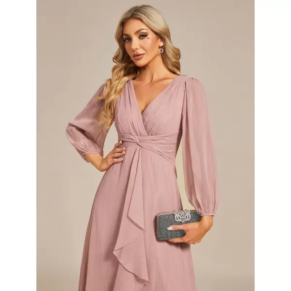 EverPretty Womens Elegant A Line Ruched V Neck Long Sleeves TeaLength Wedding Guest Dresses 01977Dusty Rose