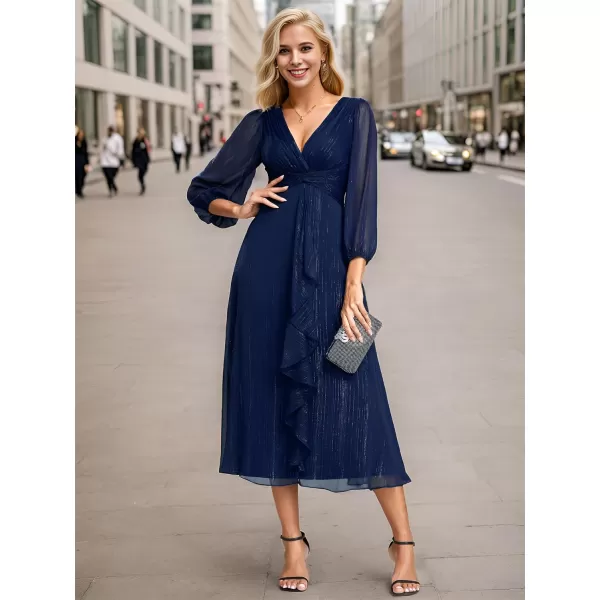 EverPretty Womens Elegant A Line Ruched V Neck Long Sleeves TeaLength Wedding Guest Dresses 01977Navy Blue