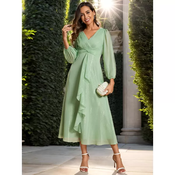 EverPretty Womens Elegant A Line Ruched V Neck Long Sleeves TeaLength Wedding Guest Dresses 01977Summer Green