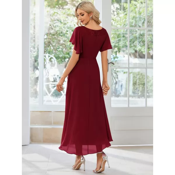 EverPretty Womens Elegant Aline Short Sleeve High Low Chiffon Midi Bridesmaid Dress 0465Burgundy