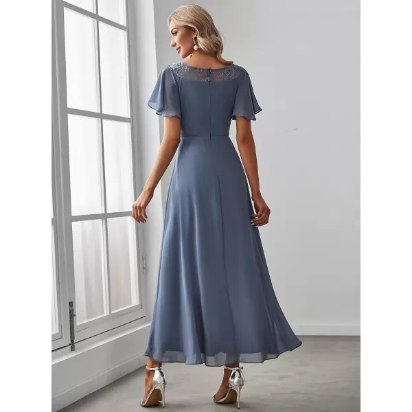 EverPretty Womens Elegant Aline Short Sleeve High Low Chiffon Midi Bridesmaid Dress 0465Dusty Blue