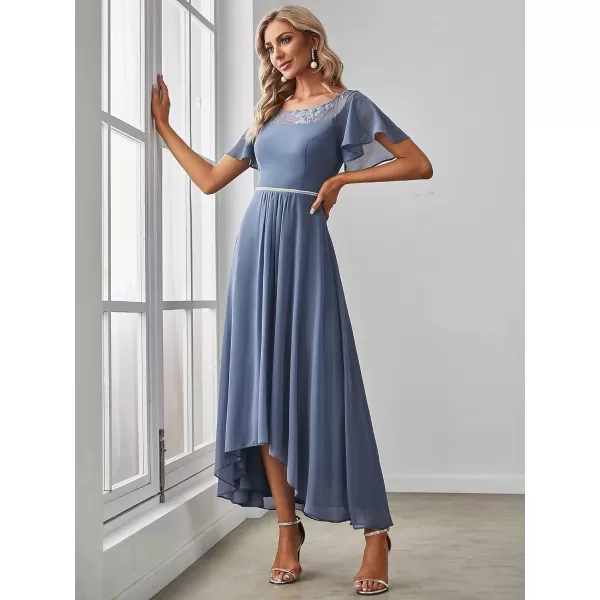 EverPretty Womens Elegant Aline Short Sleeve High Low Chiffon Midi Bridesmaid Dress 0465Dusty Blue