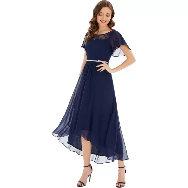 EverPretty Womens Elegant Aline Short Sleeve High Low Chiffon Midi Bridesmaid Dress 0465Navy Blue