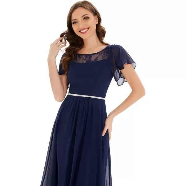 EverPretty Womens Elegant Aline Short Sleeve High Low Chiffon Midi Bridesmaid Dress 0465Navy Blue