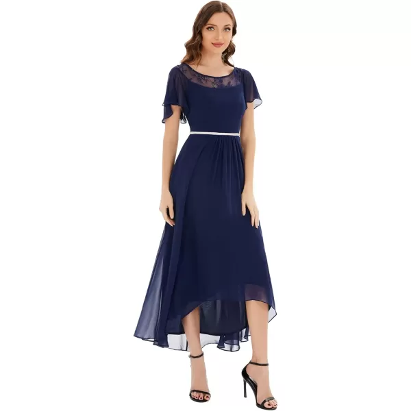 EverPretty Womens Elegant Aline Short Sleeve High Low Chiffon Midi Bridesmaid Dress 0465Navy Blue