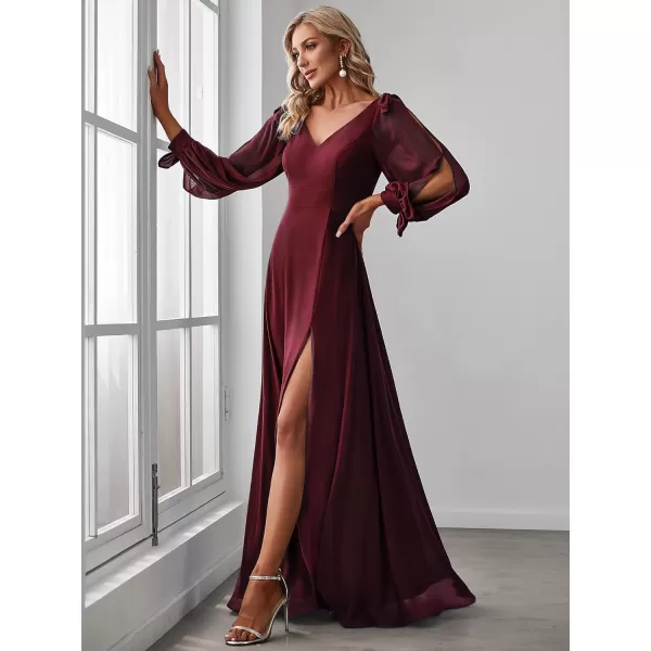 EverPretty Womens Elegant Double V Neck Long Sleeve Formal Dress High Waist Split Formal Evening Gowns 80116Burgundy