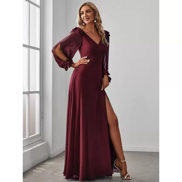 EverPretty Womens Elegant Double V Neck Long Sleeve Formal Dress High Waist Split Formal Evening Gowns 80116Burgundy