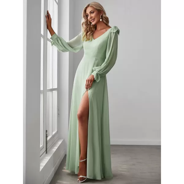 EverPretty Womens Elegant Double V Neck Long Sleeve Formal Dress High Waist Split Formal Evening Gowns 80116Mint Green