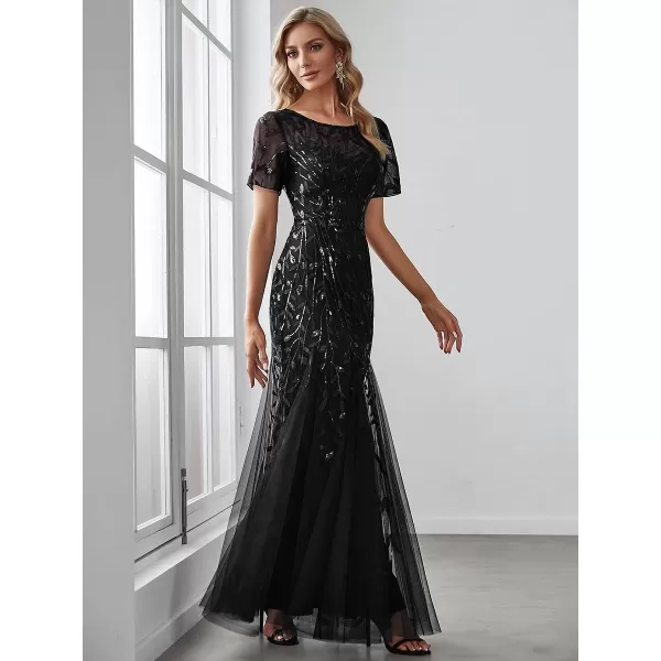 EverPretty Womens Elegant Illusion Short Sleeve Sequin Embroidery Mermaid Evening Dress 07707USABlack