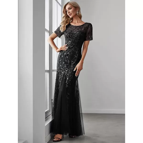 EverPretty Womens Elegant Illusion Short Sleeve Sequin Embroidery Mermaid Evening Dress 07707USABlack