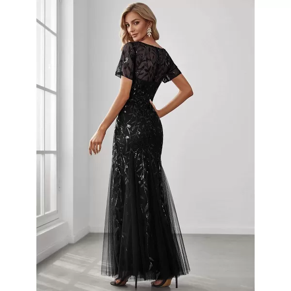 EverPretty Womens Elegant Illusion Short Sleeve Sequin Embroidery Mermaid Evening Dress 07707USABlack