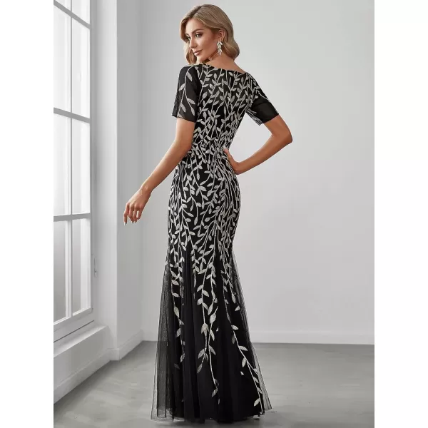 EverPretty Womens Elegant Illusion Short Sleeve Sequin Embroidery Mermaid Evening Dress 07707USABlack2