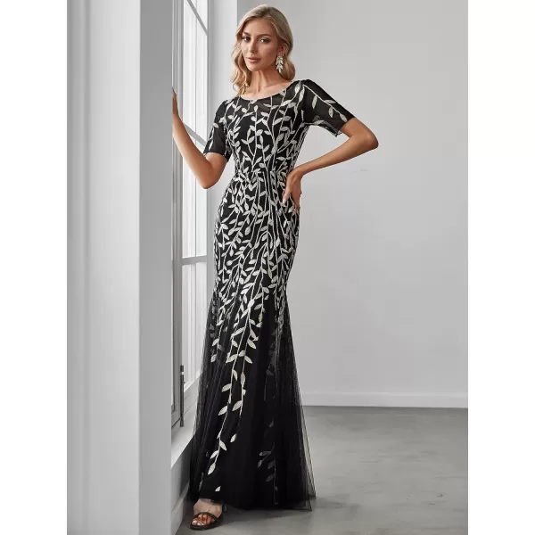 EverPretty Womens Elegant Illusion Short Sleeve Sequin Embroidery Mermaid Evening Dress 07707USABlack2