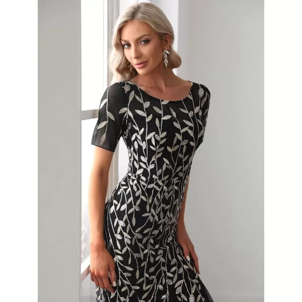 EverPretty Womens Elegant Illusion Short Sleeve Sequin Embroidery Mermaid Evening Dress 07707USABlack2