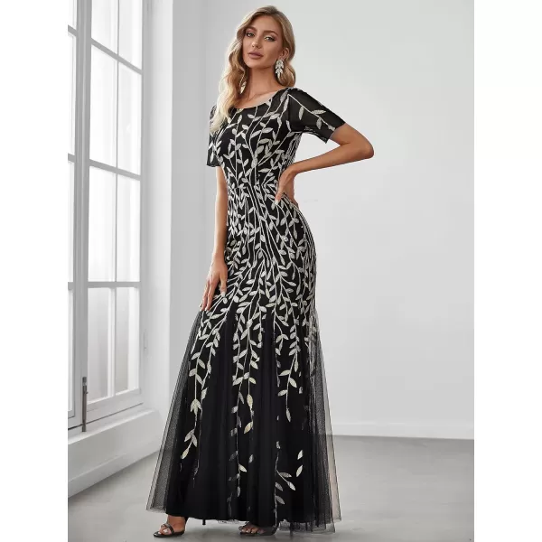 EverPretty Womens Elegant Illusion Short Sleeve Sequin Embroidery Mermaid Evening Dress 07707USABlack2