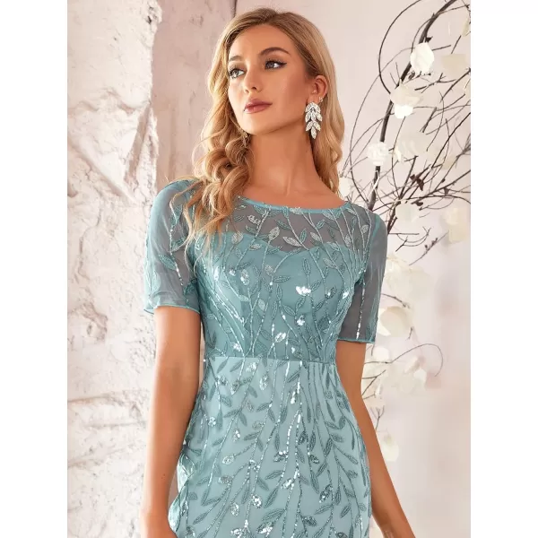 EverPretty Womens Elegant Illusion Short Sleeve Sequin Embroidery Mermaid Evening Dress 07707USABlue