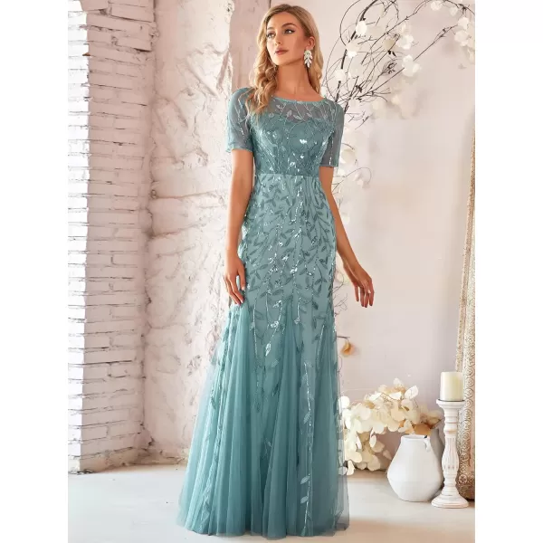 EverPretty Womens Elegant Illusion Short Sleeve Sequin Embroidery Mermaid Evening Dress 07707USABlue