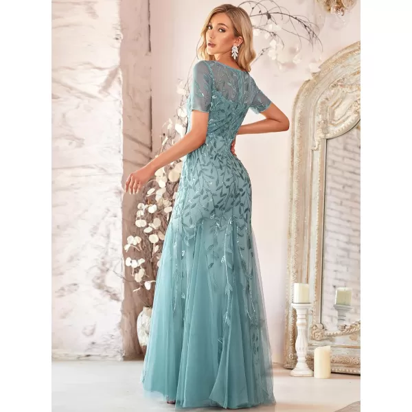 EverPretty Womens Elegant Illusion Short Sleeve Sequin Embroidery Mermaid Evening Dress 07707USABlue
